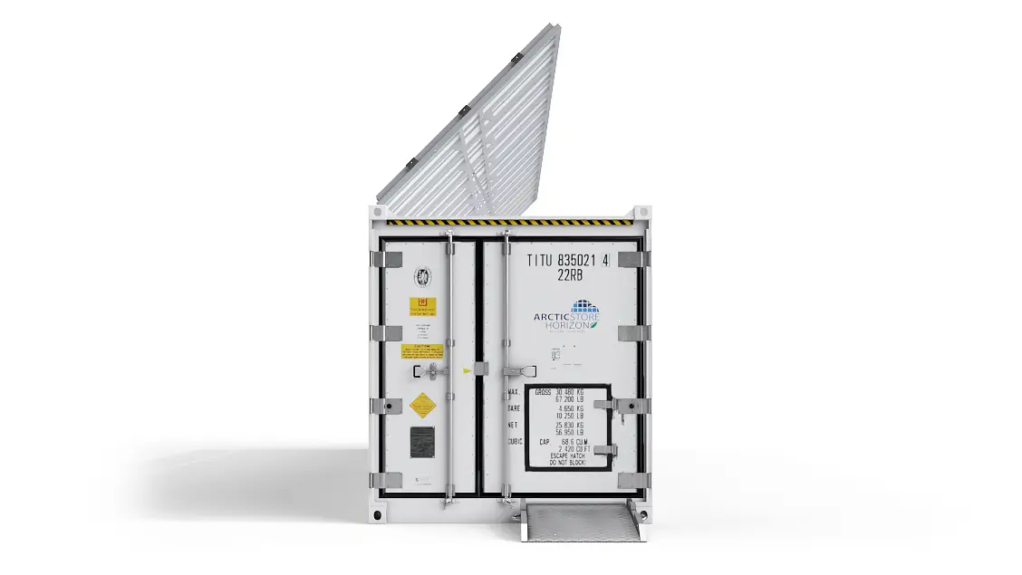 40ft ArcticStore Horizon framsida med Solpaneler 45 grader