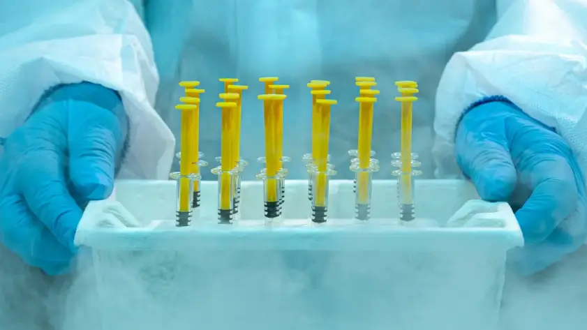 The true cost of cold storage failures - Scientist wearing protective gloves and lab suit holding frozen medical syringes in a cold storage container with visible frost and vapor.