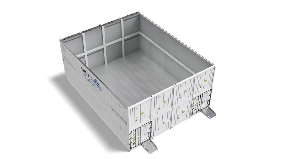 Inre vy av Arctic MegaStores temperaturreglerade förvaringscontainer med isolerade väggar och golv