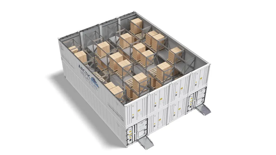 Inre vy av Arctic MegaStores temperaturreglerade förvaringscontainer med isolerade väggar och golv
